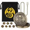 Keller & Weber Mini Set di Dadi DND, con Steampunk Polpo con Ali Custodia per Orologio da Tasca, 7 Pezzi in Metallo Poliedrico Dadi D&D, Sacchetto Regalo DND con Logo Drago, Accessori per Giochi di Ruolo, Bronzo