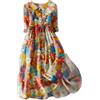 BFSWL Abito in lino da donna, estivo, maniche a 3/4, con colletto bubik, con stampa floreale, in cotone e lino, con linee ad A, con cintura, per il tempo libero, rosso, XL