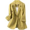 GIBZ Blazer in Lino da Donna Giacca Casual ed Elegante con Maniche a 3/4 Aperta sul Davanti per Ufficio Aziendale, Giallo, L