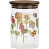 THUN, Barattolo per Farina in Vetro Decorato con Motivi Floreali e Tappo in Legno d'Acacia, Linea Happy Country, Ø 10 cm, 15 cm h, 900 ml