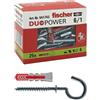 Fischer 25 Tasselli Duopower con Occhiolo Aperto, 6 x 30 mm Universali, per Muro pieno, Mattone Forato, Cartongesso, 541743, grigio/rosso, 25 pz