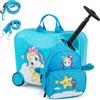 SOARS Set di Valigia Cavalcabile 18'' + Zaino 12'' per Bambini 2 Pezzi, Bagagli 2-in-1 di con Maniglia Telescopica e 4 Ruote, Trolley Bagaglio a Mano e Zaino per Bambini (Blu Unicorno-C)