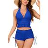 SHEKINI Donna Halter Deep V Bikini Top Cordo da Nuoto Shorts Due Pezzi Abiti da Bagno in Vita Alta con Ragazzo Corto, Fiori Blu, L