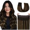 hotbanana Extension Capelli Veri con Filo Invisibile, 35cm 75g Balayage Castano Scuro con Riflessi Ramati Capelli Umani Remy Lisci, Invisible Wire Hair Extensions, Extension in Capelli Veri