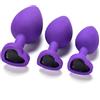 BONDAGERIE® Plug anale viola con gioiello a cuore di colore nero, in silicone medico, sacchetto incluso, Taglia Kit 3 Plug S M L