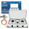 Z.M.C ZMC Fornello a gas a 3 fuochi, fornello da campeggio con tubo e regolatore, per gas propano GPL, 2 x 2,2 kW + 1 x bruciatore da 1,0 kW, fornello a tre fiamme per esterni, 393 g/h