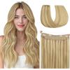 hotbanana Extension Capelli Veri con Filo Invisibile, 35cm 75g Biondo Chiaro con Riflessi Biondi Dorati Capelli Umani Remy Lisci, Invisible Wire Hair Extensions, Extension in Capelli Veri