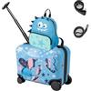 SOARS Set di Valigia Cavalcabile 18'' + Zaino 12'' per Bambini 2 Pezzi, Bagagli 2-in-1 di con Maniglia Telescopica e 4 Ruote, Trolley Bagaglio a Mano e Zaino per Bambini (Blu Dinosauro)