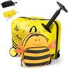 SOARS Set di Valigia Cavalcabile 18'' + Zaino 12'' per Bambini 2 Pezzi, Bagagli 2-in-1 di con Maniglia Telescopica e 4 Ruote, Trolley Bagaglio a Mano e Zaino per Bambini (Giallo Ape)