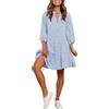 Generic Abito estivo da donna a quadri con maniche a sbuffo a 3/4, abbottonatura sul davanti, ampio, con tasche, linea ad A, lunghezza al ginocchio, Blu, XXL