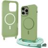 Bigcousin Magnetica Cover con Cordino per iPhone 14 Pro Max,[Compatibile con MagSafe], Cover in Silicone, Regolabile Cordino da Collo Nylon Catena Collana Tracolla,Verde Matcha