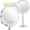SURFOU Specchio Ingranditore 10X/1X, Specchio Trucco ricaricabile 3 Luci di Colore, LED Dimmerabile e Regolabile in Altezza Rotazione a 360 Stile Retrò, Specchio Cosmetico Bifacciale e Supporto Cromato