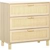 HOMCOM Cassettiera a 3 Cassetti in Legno e Rattan per Camera da Letto, Soggiorno e Ufficio, Colore Legno Naturale, 80x40x80cm