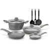 zanetti - DURAPIETRA Batteria Pentole a Induzione 10 pz, 3 Padelle 20, 24, 28 cm, 3 Coperchi, Casseruola 24 cm, Pala Fritto, Schiumarola e Mestolo. Per tutti i piani cottura INCLUSO INDUZIONE.
