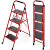 KINGRACK Scaletta Pieghevole a 4 gradini, Scala in Acciaio con Corrimano, Pedali Antiscivolo e Larghi, Resistente, Sgabello per Adulti, Casa, Cucina, Ufficio, Rosso