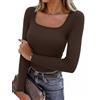 Aottori Maglia Donna Manica Lunga Maglietta con Scollo Quadrato Elegante Basic Top Tinta Unita T-Shirt Slim Fit Sexy con vestibilità Classica Marrone S