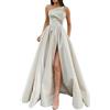 Générique Abito da sposa lungo in raso per donna, abito da sera formale, abito da cocktail, abiti da damigella d'onore con spacco chic ed elegante, beige, L