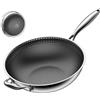 YIYHFKM Wok Antiaderente con Coperchio, Padella Wok a Nido d'Ape 32-40 cm con Manico in Acciaio Inox, Compatibile con induzione, Resistente ai Graffi, Lavabile in lavastoviglie e Forno