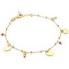 MIORE Bracciale Donna Argento Sterling 925 Placcato Oro 18K, Braccialetto con 3 Cuori Dorati e 4 Perline, Catenina da 19 cm (Estensione da 2 cm) Gioielli Made in Italy, con Custodia Portagioie