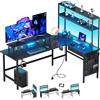HLFURNIEU Scrivania Angolare con LED, 150 x 100 cm Scrivania Gaming a L con 3 Prese & 2 Porta USB, Tavolo Angolo Salvaspazio, con Libreria, Cassetti & Borsa Portaoggetti, Supporto per Monitor, Nero