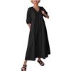 FGVFCS Abiti da donna in cotone e lino, taglie forti, abito midi con maniche a 3/4, con tasche, scollo a V, abiti larghi da donna, eleganti abiti da festa, vacanze, spiaggia, prendisole, lavoro