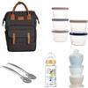 THERMOBABY - Borsa per pannolini con accessori inclusi - Pratico zaino - 5 scatole di conservazione - Cucchiai ergonomici - Biberon in vetro e scatola per il trasporto del latte - Kit completo per
