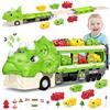 deAO Camion Trasportatore di Dinosauri con 6 Macchinine -Giocattolo per Bambini dai 3 Anni+, Con Luci e Suoni, funzionamento a batteria (senza batterie), 6 Macchinine da Corsa e Segnali Stradali,Verde