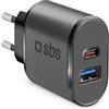 SBS Caricabatterie fast charge, uscite USB da 2.1A e USB-C da 3A, ricarica rapida per smartphone iPhone/Samsung/Xiaomi/Oppo/Huawei, presa europea