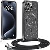 Phoona Glitter Cover per iPhone 15 Pro 6,1 con Cordino, Antiurto Silicone Protezione, Compatibile con MagSafe Cover con Cordino, Anti Graffi, Non Ingiallente, Nero