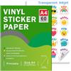 Ruibytree Carta Adesiva Vinile Trasparente Stampabile A4 Inkjet, 60 Fogli | Trasparente, Autoadesiva, Compatibile con Cricut, Asciugatura Rapida, Formato A4 (297 × 210 mm), Impermeabile