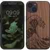 kwmobile Custodia Compatibile con Apple iPhone 13 Cover - Back Case in Legno con Bumper in Silicone TPU - Onda Hokusai marrone scuro
