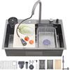 Ribanedy Lavello da cucina a cascata Ribanedy 86 cm, lavello da cucina in acciaio inossidabile grigio scuro, versatile lavello moderno a vasca singola con rubinetto a spruzzo estraibile e accessori