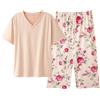 Generico Pigiama Donna Estivo Cotone Pinocchietto Leggero Pigiama Scollo a V Manica Corta Set T Shirt Tinta Unita e Pantaloni Capri con Stampa Floreale 2 Pezzi Pigiami Estivi Taglie Forti (Beige, XXXXXL)