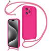Coalbooliy Cover per iPhone 15 Pro Max 6,7 con Cordino per Cellulare, Custodia Silicone con Regolabile Collana Sottile Morbida Case Protezione della fotocamera Antiurto con Necklace, Rosa Rossa