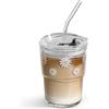 Olvini Bicchiere in vetro da 370 ml, con cannuccia e coperchio, riutilizzabile, per acqua, matcha, tazze da caffè da viaggio (margherita)