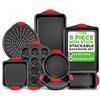 NutriChef Set da 8 Teglie da Forno con Manici in Silicone Rosso, Teglie Forno Antiaderenti in Metallo Professionale, Rivestimento Grigio Interno ed Esterno