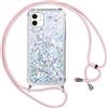 Vauki Cover per iPhone 12 Mini con Cordino,Trasparente Glitter Liquido Antiurto Brillantini Tracolla Custodia,Silicone Bumper Laccio Sabbie Donna Protettivo Case per iPhone 12 Mini