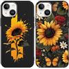 Phoona 2 pezzi Cover per iPhone 14/iPhone 13 6.1, Cellulare Silicone Morbido Custodia telefono Aesthetic Motivo Disegno Protezione Fotocamera Antiurto AntiGraffio Case per Ragazze,Fiori Girasole