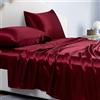 Jemiipee Completo Lenzuola Raso Matrimoniale Tinta Unita 180x200x36 cm - Lenzuola Sotto con Angoli Matrimoniali, Lenzuolo Sopra, 2 Federe - Biancheria da Letto Satin 4 Pezzi - Vino Rosso