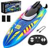 OBEST Barca telecomandata bambini, motoscafo telecomandato, barche RC, Barca da Corsa radiocomandata, rotante a 360° con strisce luminose LED per Piscine e Laghi, regalo per bambini e adulti