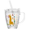 IBLUELOVER Bicchiere dosatore per latte per bambini con cannucce e coperchi, tazze in vetro temperato con dinosauro giraffa, 350 ml, resistente al calore, trasparente, per microonde, succo di latte, tè freddo