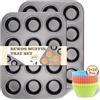 BEWOS 2 PCS Vassoio Antiaderente Per Muffin Da 12 Tazze, Vassoio Per Muffin Con 24 Contenitori Riutilizzabili In Silicone Per Muffin, Lavabile In Lavastoviglie, Stampi Per Muffin (Grigio)