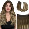 hotbanana Extension Capelli Veri Filo Invisibile, 35cm 75g Sfumatura Ombré da Castano Noce a Castano Cenere con Chiariture Capelli Umani Remy Lisci, Wire Hair Extensions, Extension in Capelli Veri