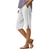 Camic Bermuda da donna, in lino, lunghezza al ginocchio, casual, estivi, leggeri, a vita alta, con tasche, bianco, L