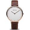 BERING 14839-564 - Orologio da polso da donna al quarzo, cassa in acciaio inossidabile da 39 mm color oro rosa e quadrante argento, cinturino in pelle di vitello, vetro zaffiro, 3 ATM