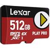 Lexar PLAY PRO Scheda MicroSDXC Express 512GB, fino a 900MB/s lettura, 600MB/s scrittura, ottimizzata per gaming, A2, 4K, ad alta velocità per console portatili, Switch, dispositivi di gioco portatili