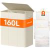 Lifewit 160L Cesto Portabiancheria con Coperchio, Grande Cesta Portabiancheria a 3 Scomparti, Portabiancheria Sporca con Manici in Bambù e 3 Sacco per la Biancheria Rimovibile, Bianco