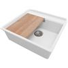 PRIMAGRAN Lavello Angolare Bianco 56x53cm, Lavandino da Cucina a 1 vasca + Sifone Classico + Tagliere, Lavabo da Cucina Incasso al mobile 60cm - Bergen