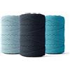 LEDENT Corda per macramè (2mm, 3x70M, blu chiaro, blu scuro e turchese) - Corda doppia ritorta per macramè in cotone riciclato al 100% per il macramè o il crafting - Set di 3 pezzi.