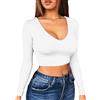 TOEECY Donna Maglietta a Maniche Lunghe Crop Top Sexy Basic Top Scollo a V Profondo Moda Elasticizzato Slim T-Shirt Casual Aderente Tinta Unita Top per Primavera Autuno (Bianco,L)